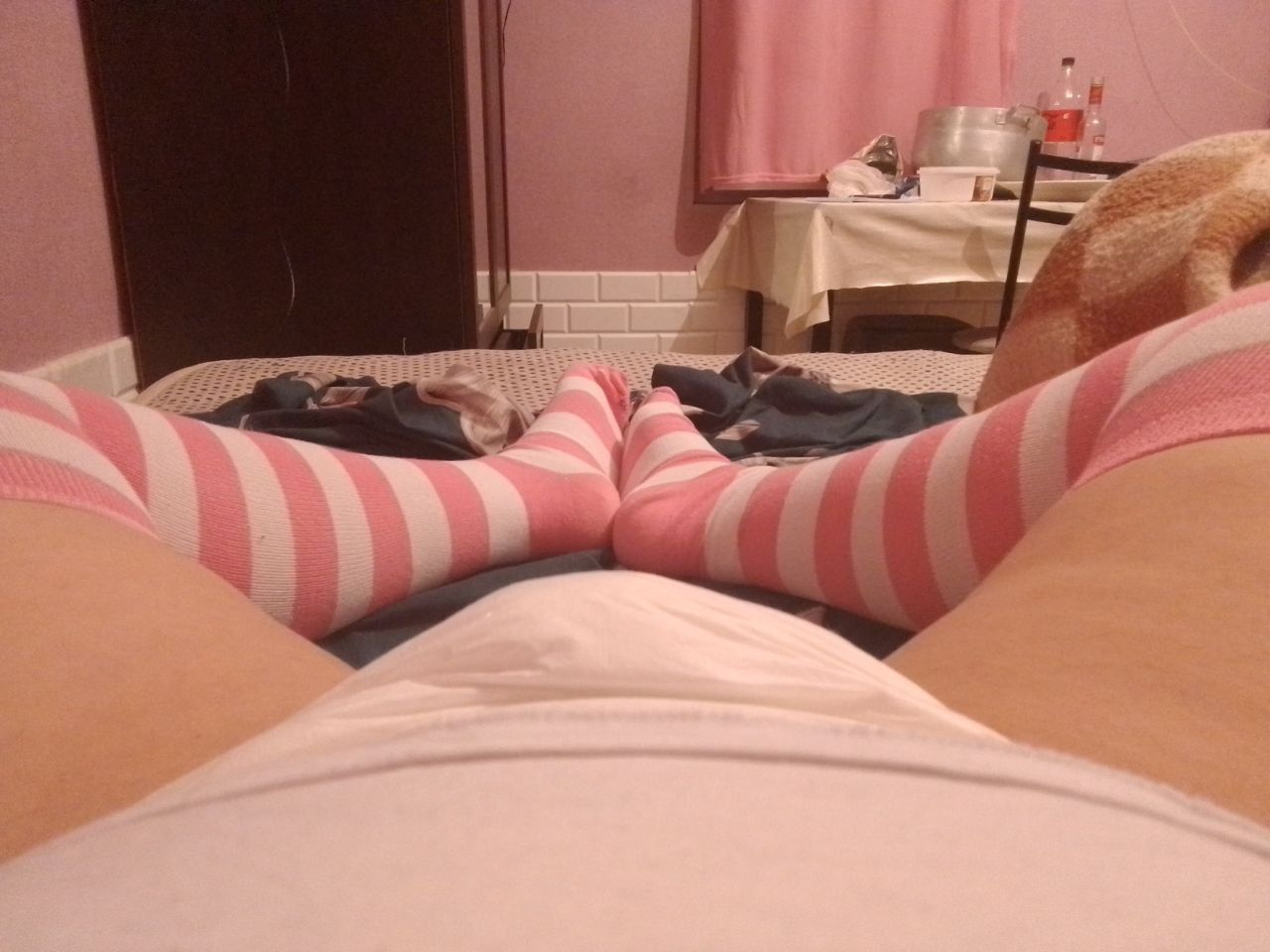 Me Diapered with striped bubblegum stockings